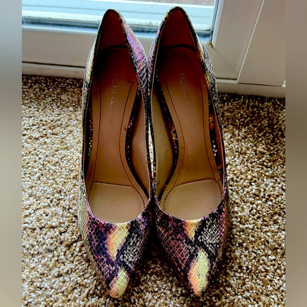 BCBG Metallic Snake Skin Heels